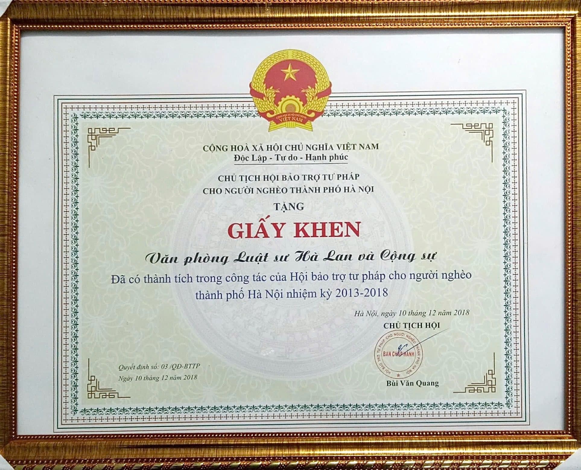 Khen thưởng năm 2018