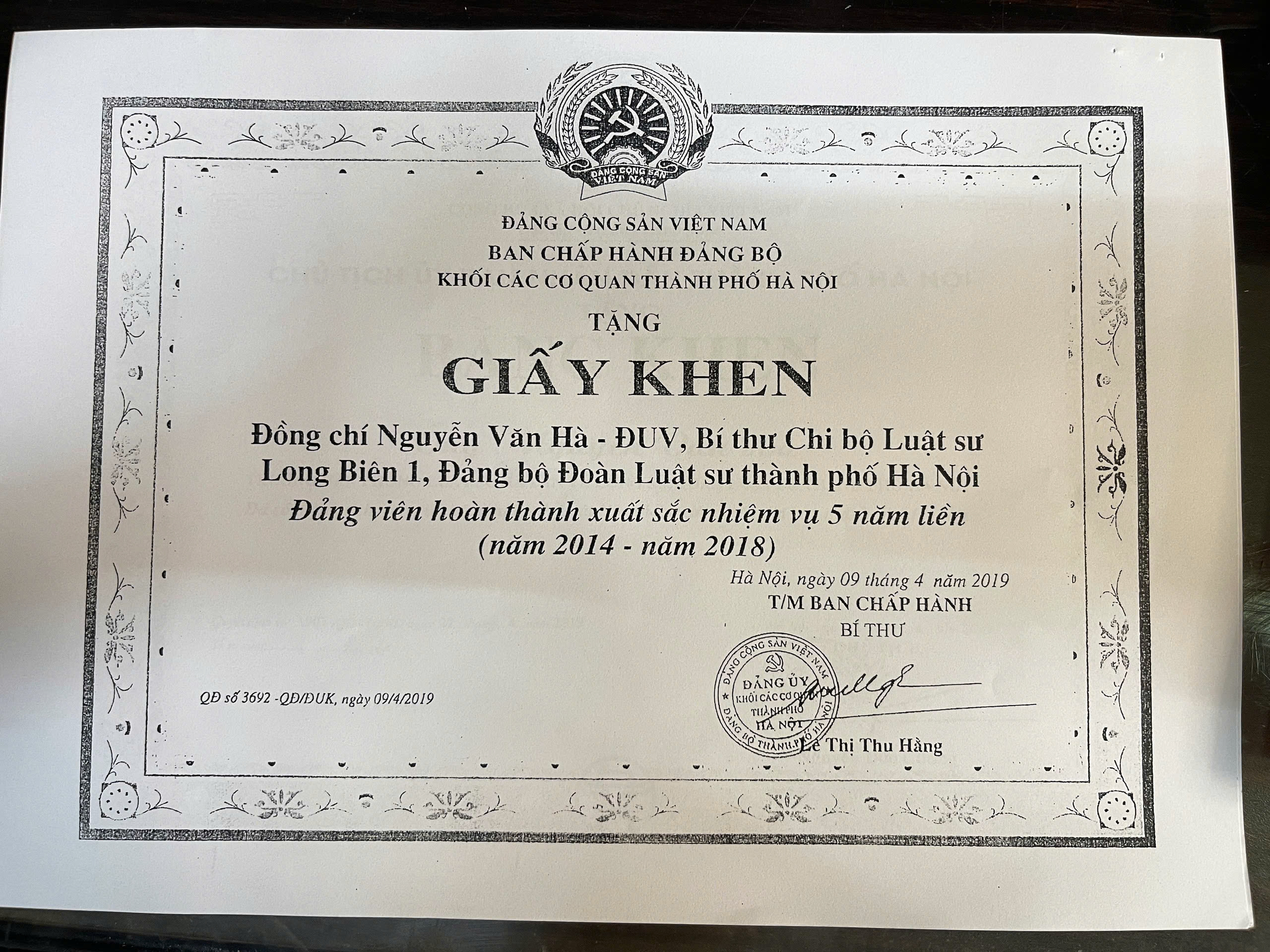 Khen thưởng năm 2019